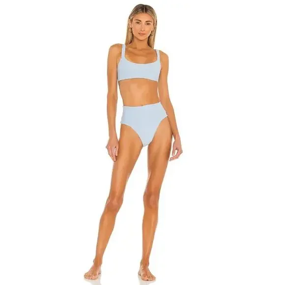 L*SPACE Eco Chic Desi Classic Bikini Bottom Sky Blue Ribbed High Waist XS NEW - Picture 5 of 10